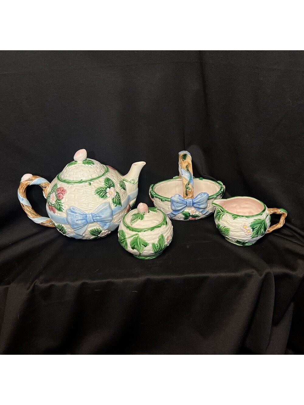 The Haldon Group 1985 Blue Bow & Basketweave 4 Piece Set Teapot, Creamer & Sugar